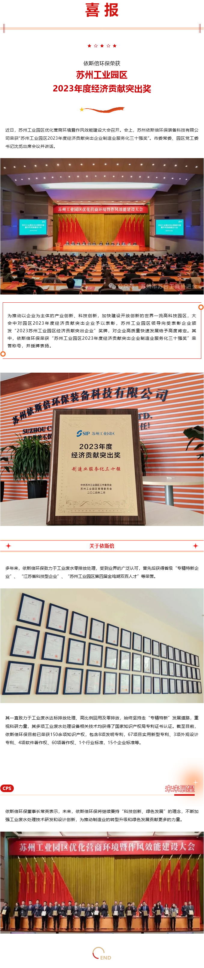 喜報 依斯倍環(huán)保榮獲蘇州工業(yè)園區(qū)2023年度經(jīng)濟貢獻突出獎