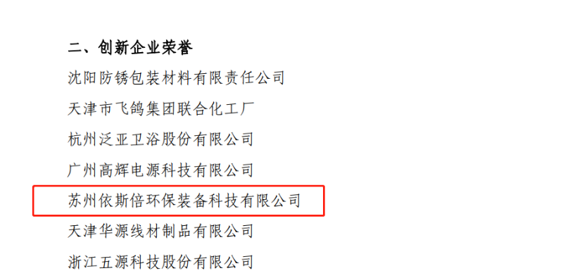 依斯倍獲得中國表面工程協會“創新企業”榮譽稱號